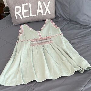 Mint Green Sleeveless Mini Dress Pink Accents Ric Rac Scallop Spring Pockets S